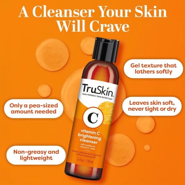 71YCZjgX-EL._SL1500_.jpg TruSkin Vitamin C Face Wash Cleanser - Brightening Facial Cleanser with Vitamins C & E, Rosehip Oil, Aloe Vera & MSM - Gently Cleanses, Refreshes & Supports Radiant Skin - 4 fl oz
